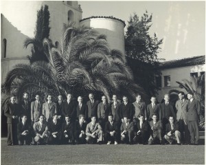 Retro photo of 27 gentleman out on lawn in front of Hepner Hall.