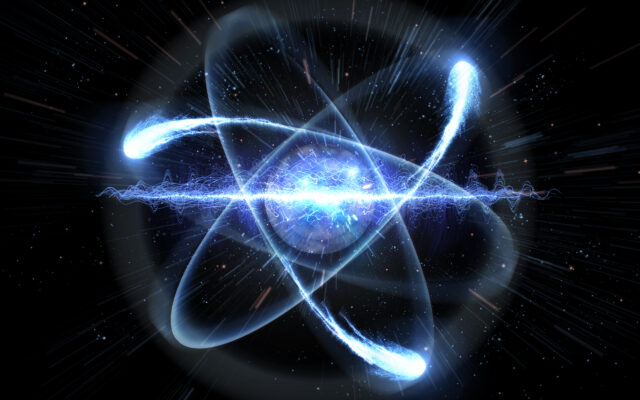 Illustration of an atom with electrons whirring around it. Credit: Adobe Stock
