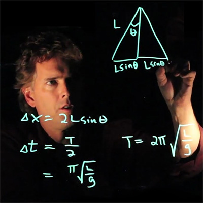 Professor Anderson behind an invisible piece of glass drawing equations in cyan reflective ink.