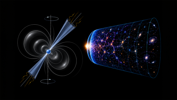 Pulsar with magnetic field lines beside a diagram of the expanding universe.