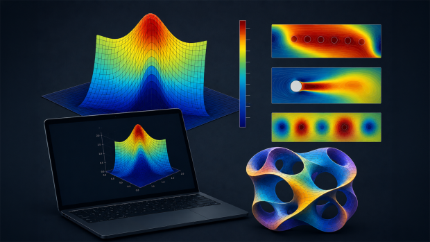 Colorful 3D plots, heat maps, and mesh visualizations of physics simulations.