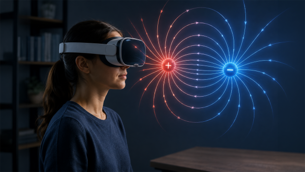 Student using a VR headset to visualize electric field lines between charges.
