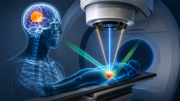 Radiation therapy machine targeting a tumor in a translucent patient.