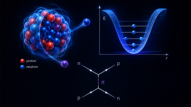 Atomic nucleus, energy level diagram, and particle interaction illustrating nuclear physics.